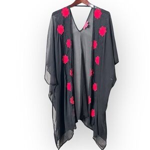 Betsey Johnson embroidered roses kimono open front, drop cap sleeve black OSFM